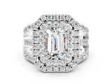 White gold Double Halo Emerald Cut Diamond Split Shank Pave Set Ring