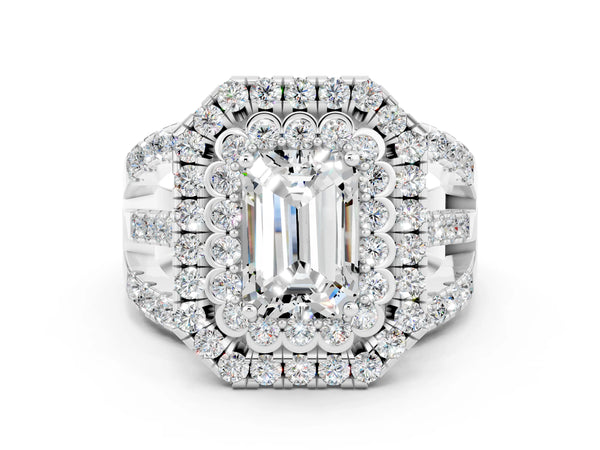 Silver Emerald Cut Moissanite Double Halo Ring with Round Pavé Split Shank and Prong Setting