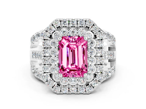 White gold Double Halo Emerald Cut Diamond Split Shank Pave Set Ring