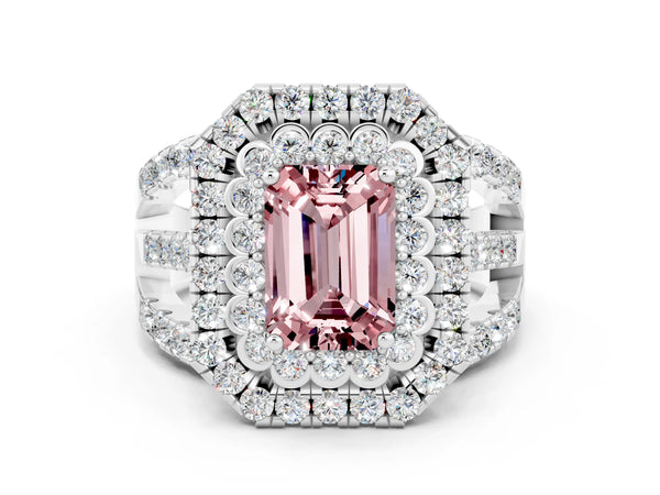 Silver Double Halo Emerald Cut Diamond Split Shank Pave Set Ring