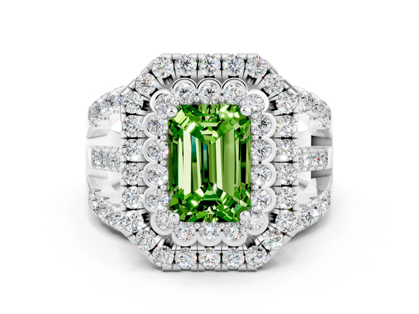 White gold Double Halo Emerald Cut Diamond Split Shank Pave Set Ring