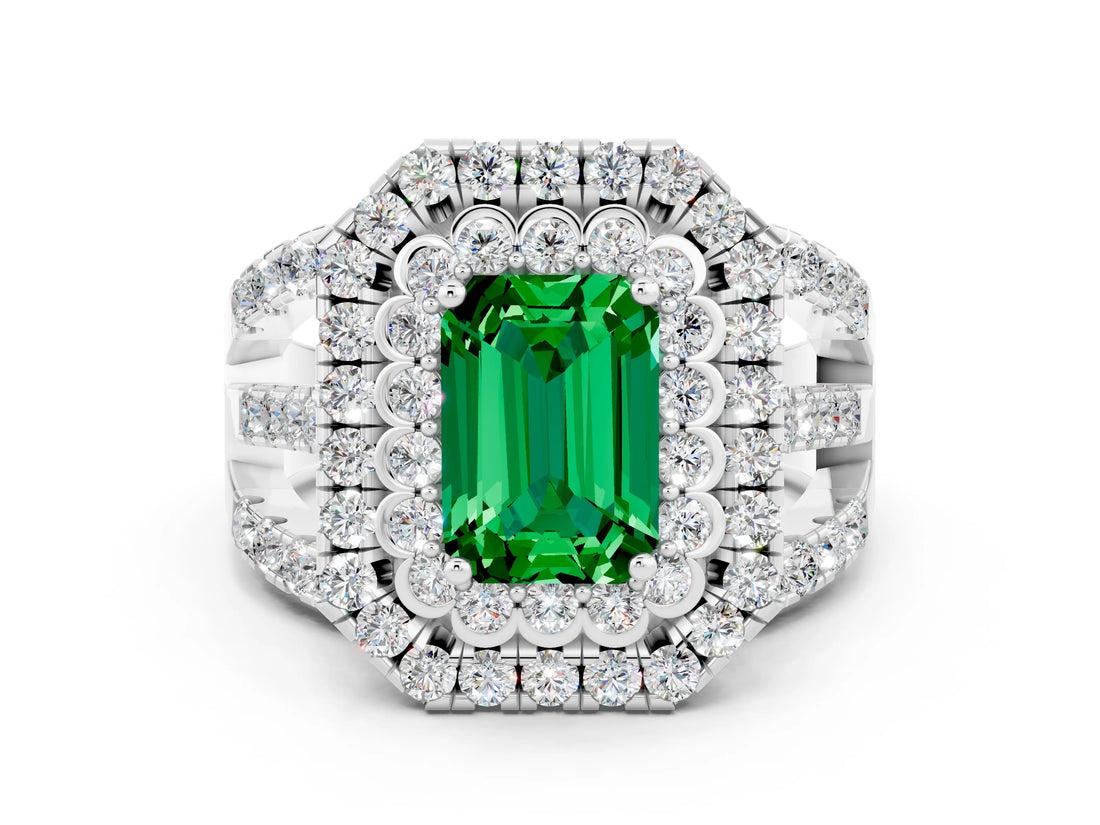 White gold Double Halo Emerald Cut Diamond Split Shank Pave Set Ring