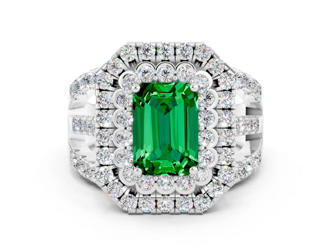White gold Double Halo Emerald Cut Diamond Split Shank Pave Set Ring