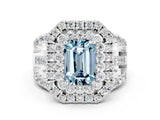 White gold Double Halo Emerald Cut Diamond Split Shank Pave Set Ring