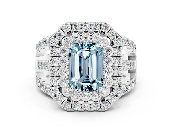 White gold Emerald Cut Aquamarine Double Halo Ring with Round Pavé Split Shank and Prong Setting