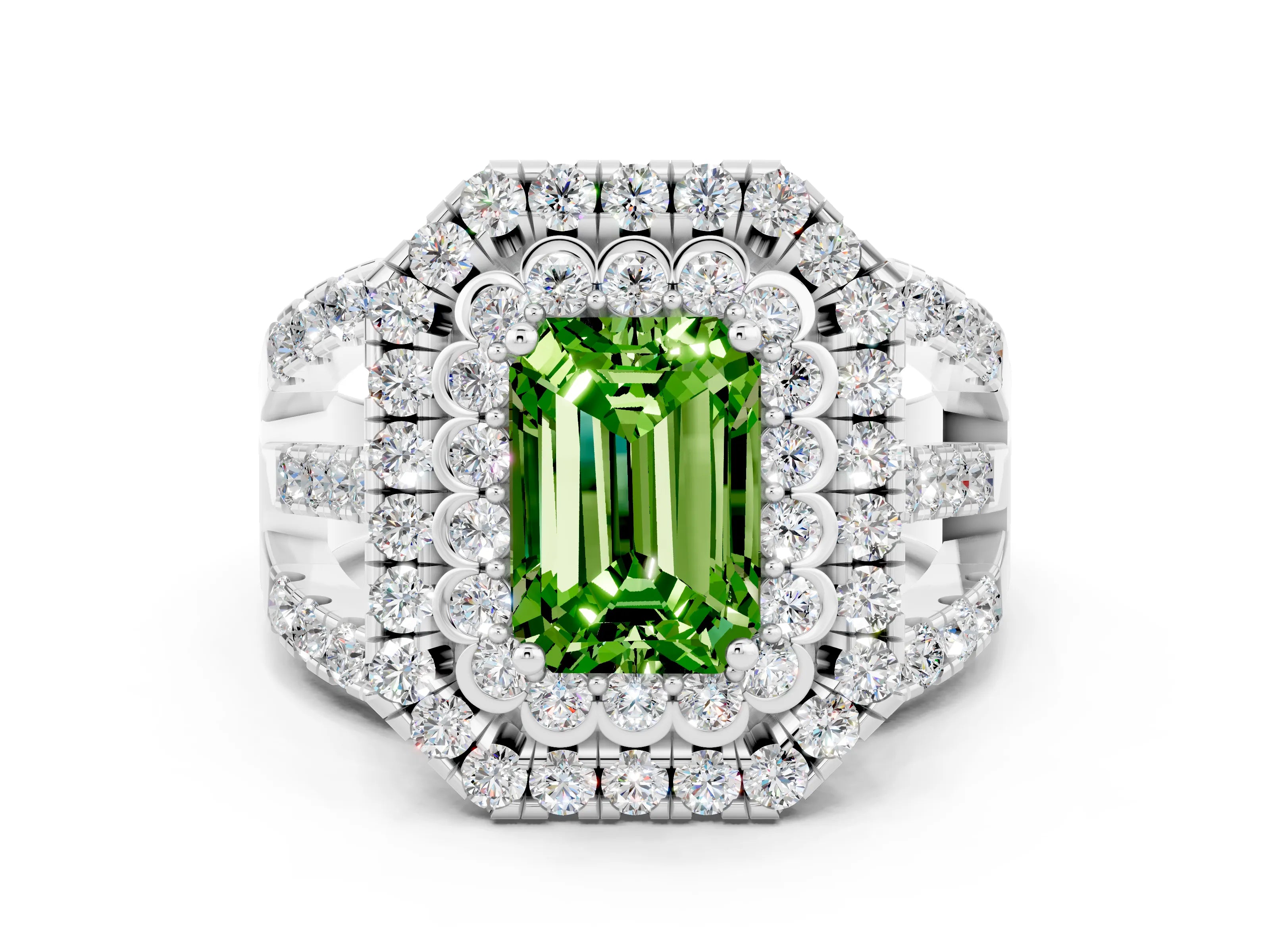 White gold Double Halo Emerald Cut Diamond Split Shank Pave Set Ring