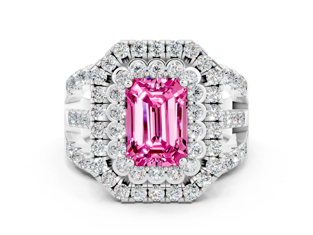White gold Double Halo Emerald Cut Diamond Split Shank Pave Set Ring
