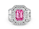 White gold Double Halo Emerald Cut Diamond Split Shank Pave Set Ring
