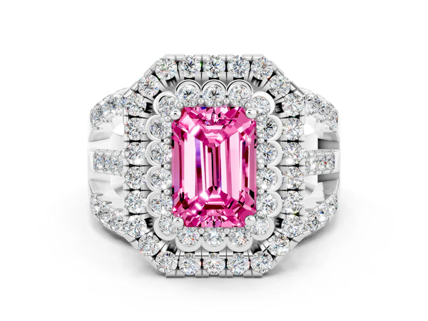 White gold Emerald Cut Pink Sapphire Double Halo Ring with Round Pavé Split Shank and Prong Setting