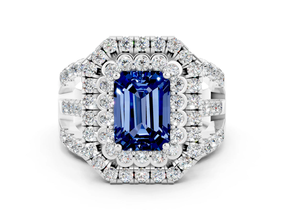 White gold Double Halo Emerald Cut Diamond Split Shank Pave Set Ring