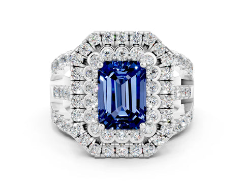White gold Double Halo Emerald Cut Diamond Split Shank Pave Set Ring