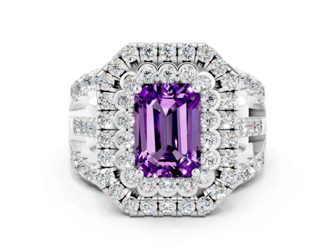White gold Double Halo Emerald Cut Diamond Split Shank Pave Set Ring
