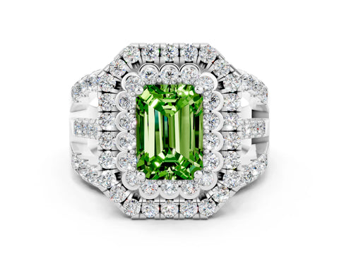 White gold Double Halo Emerald Cut Diamond Split Shank Pave Set Ring