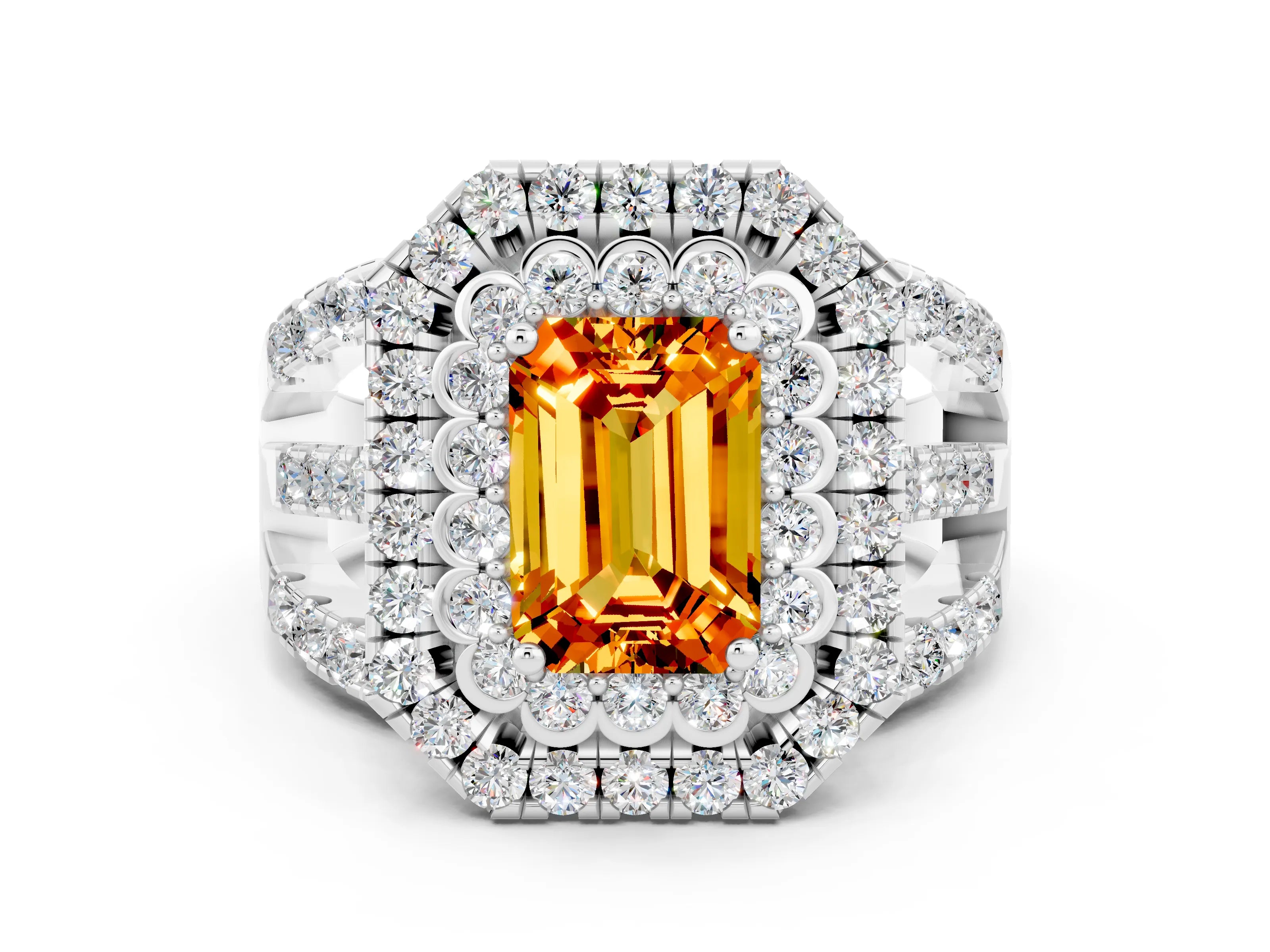 White gold Double Halo Emerald Cut Diamond Split Shank Pave Set Ring