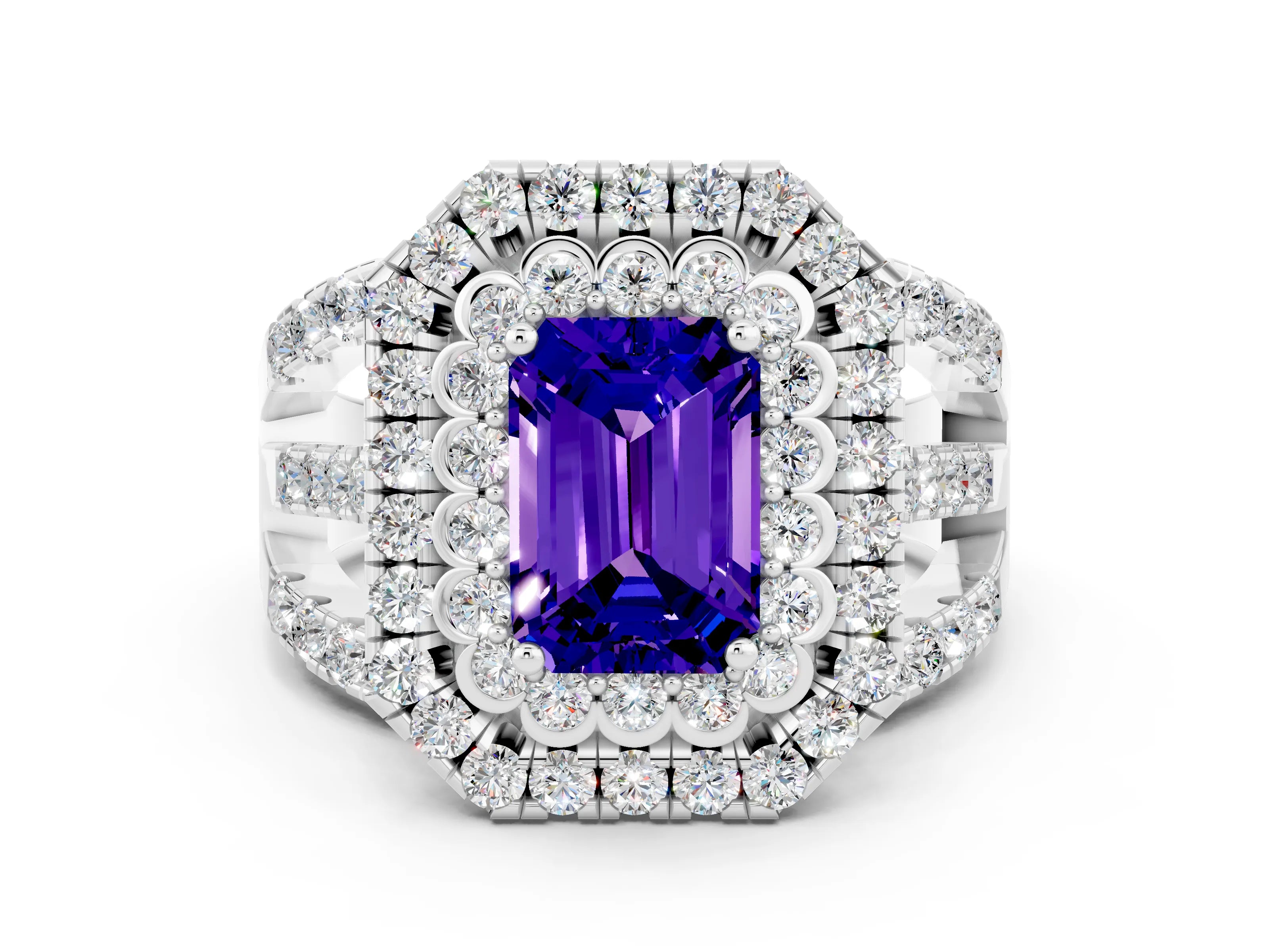 White gold Double Halo Emerald Cut Diamond Split Shank Pave Set Ring