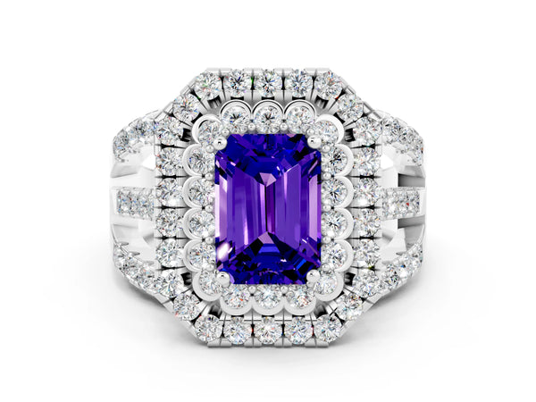 White gold Emerald Cut Tanzanite Double Halo Ring with Round Pavé Split Shank and Prong Setting
