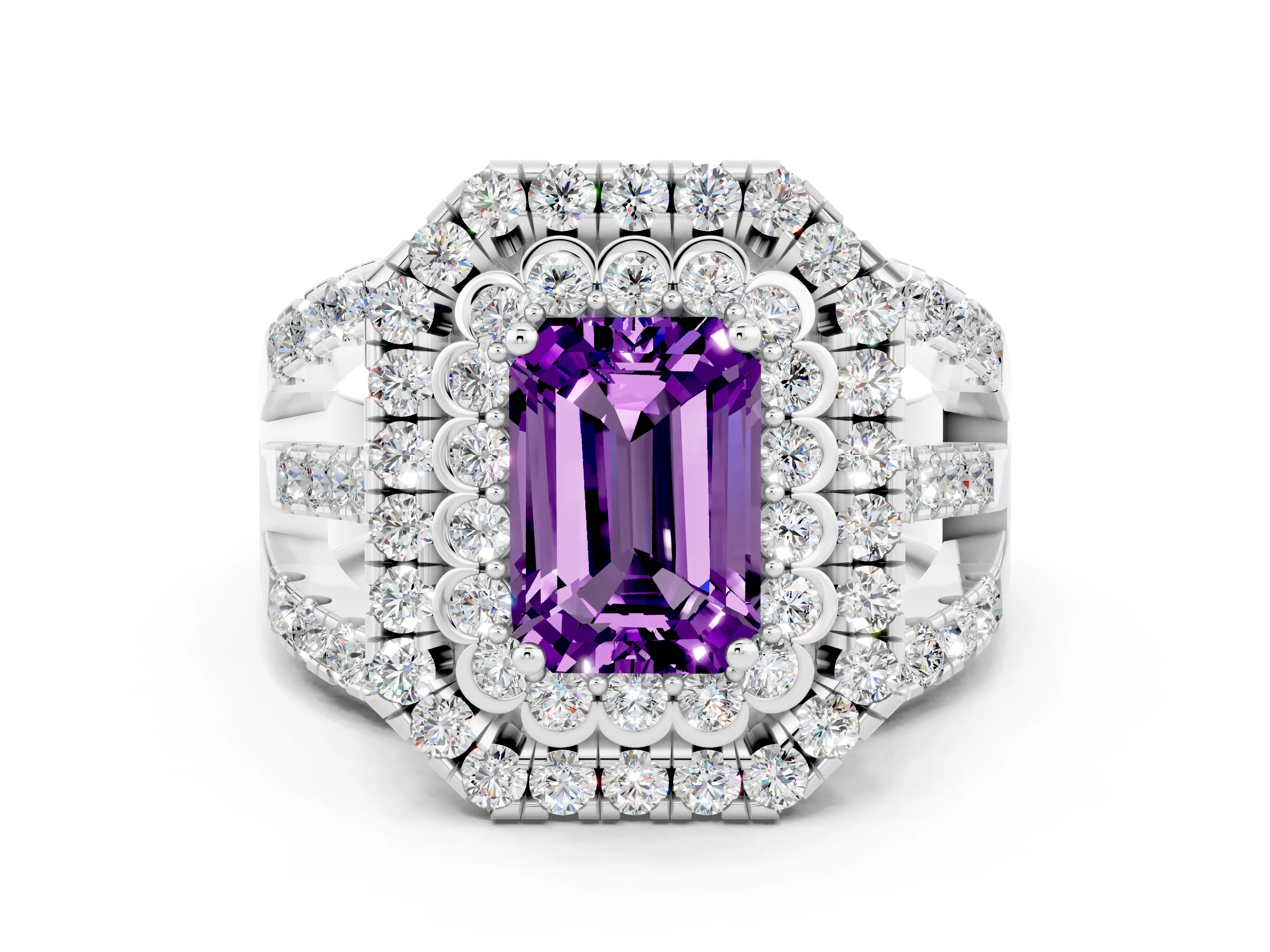 White gold Double Halo Emerald Cut Diamond Split Shank Pave Set Ring