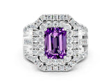 White gold Double Halo Emerald Cut Diamond Split Shank Pave Set Ring