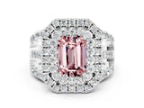 White gold Double Halo Emerald Cut Diamond Split Shank Pave Set Ring