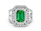 White gold Double Halo Emerald Cut Diamond Split Shank Pave Set Ring