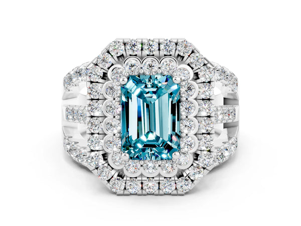 White gold Double Halo Emerald Cut Diamond Split Shank Pave Set Ring