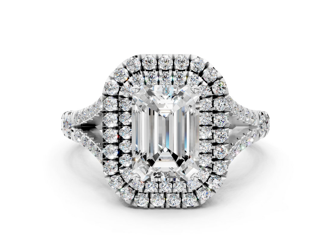 White gold Double Halo Emerald Cut Diamond Split Shank Ring with Four Prong Setting_45