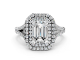 White gold Double Halo Emerald Cut Diamond Split Shank Ring with Four Prong Setting_45