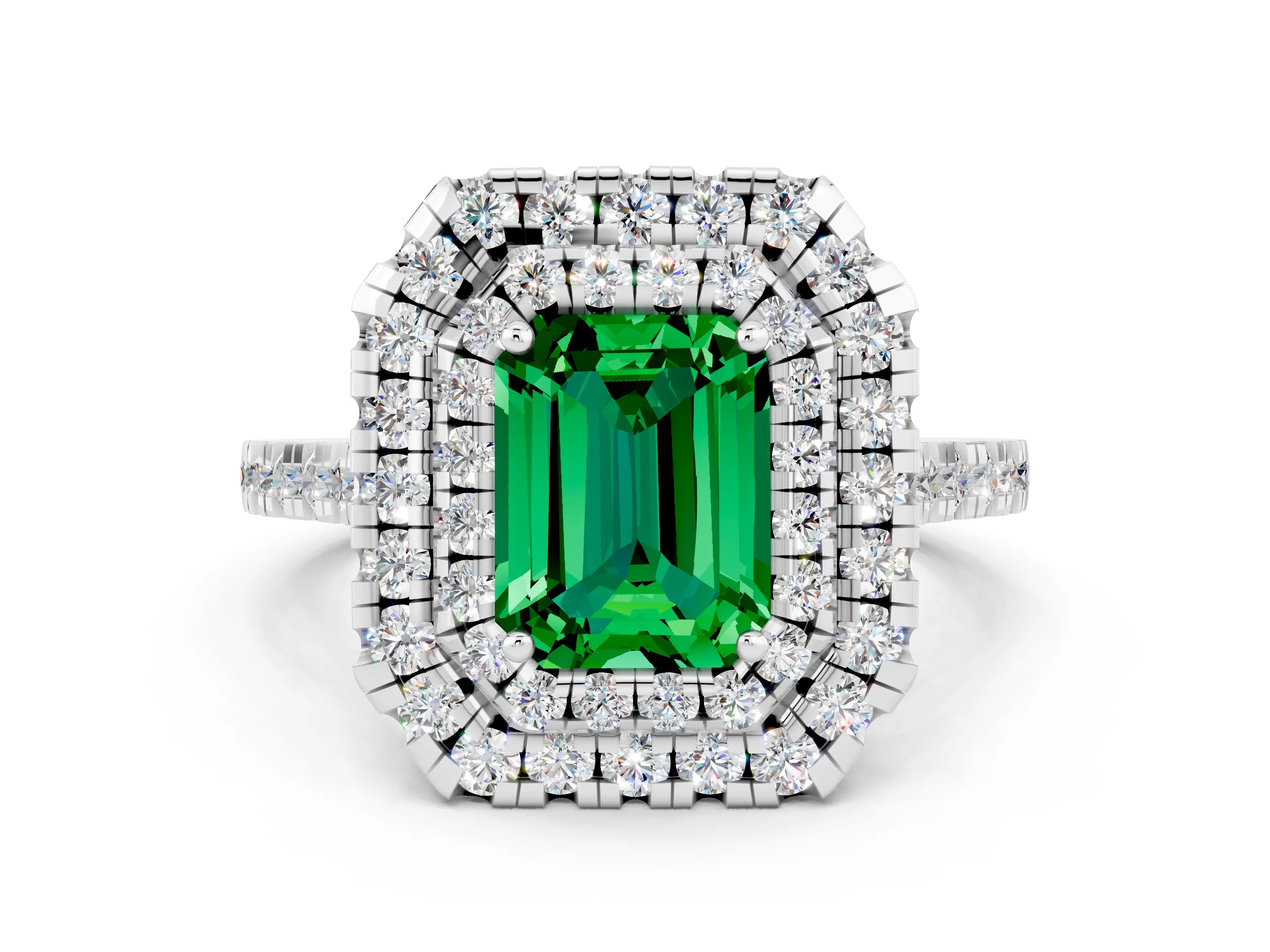 White gold Double Halo Emerald Cut Emerald Pavé Band with Four-Prong Setting