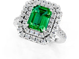 White gold Double Halo Emerald Cut Emerald Pavé Band with Four-Prong Setting_1
