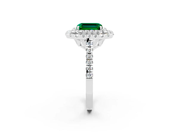 Platinum Double Halo Emerald Cut Emerald Pavé Band with Four-Prong Setting