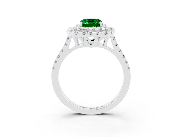 Platinum Double Halo Emerald Cut Emerald Pavé Band with Four-Prong Setting