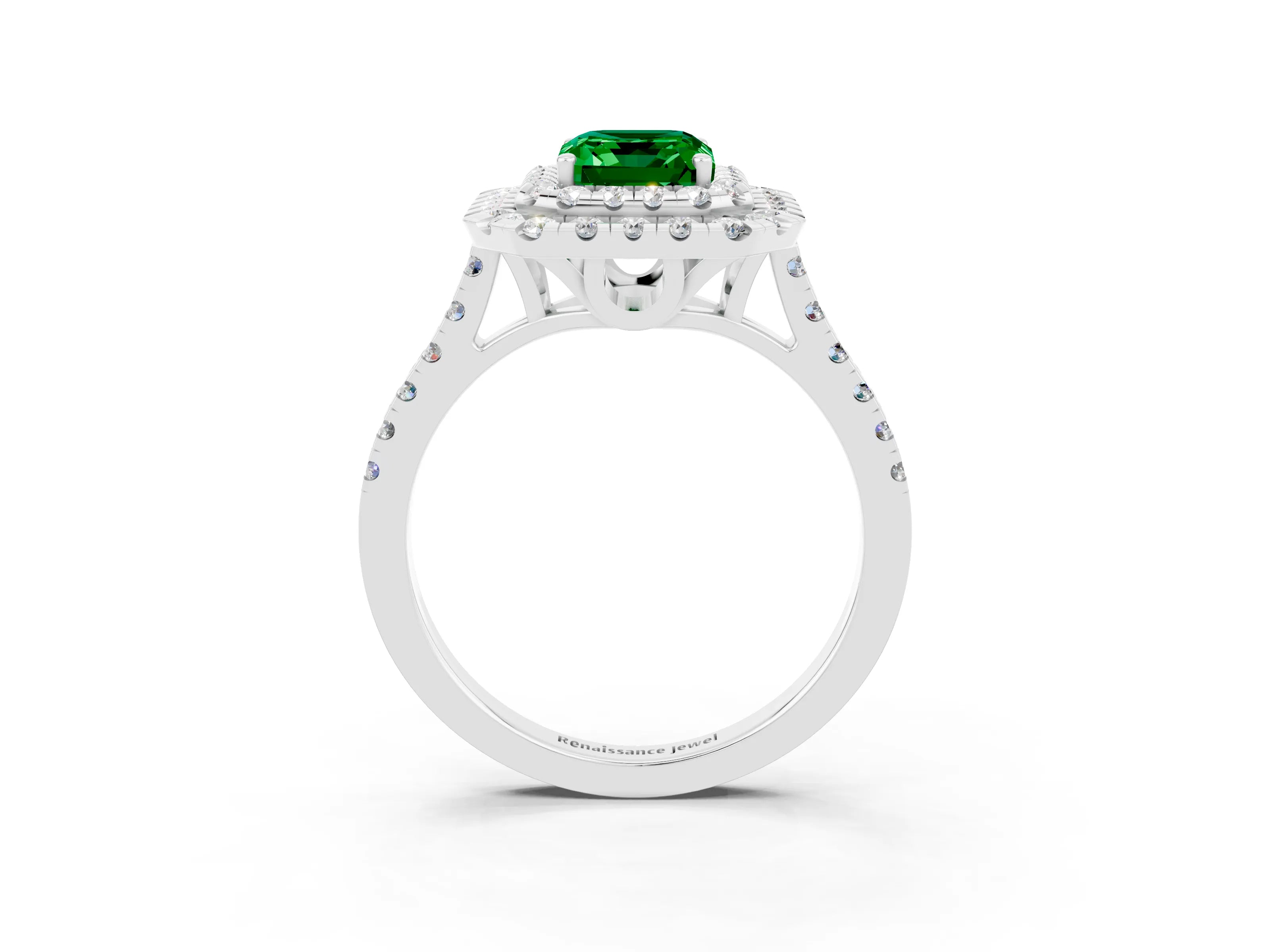 White gold Double Halo Emerald Cut Emerald Pavé Band with Four-Prong Setting_3