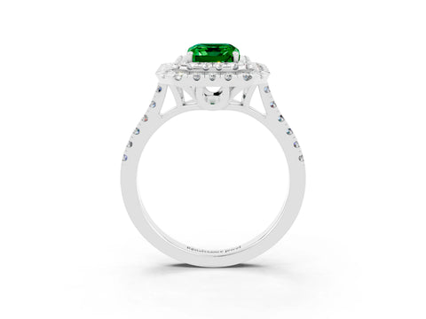 White gold Double Halo Emerald Cut Emerald Pavé Band with Four-Prong Setting_3