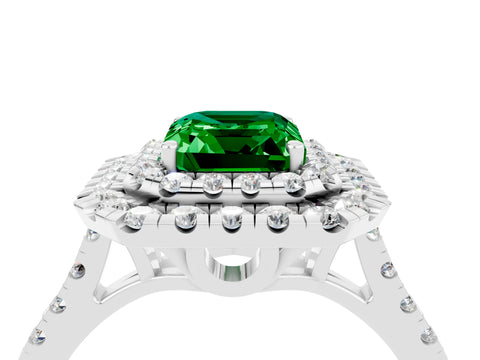 White gold Double Halo Emerald Cut Emerald Pavé Band with Four-Prong Setting_4