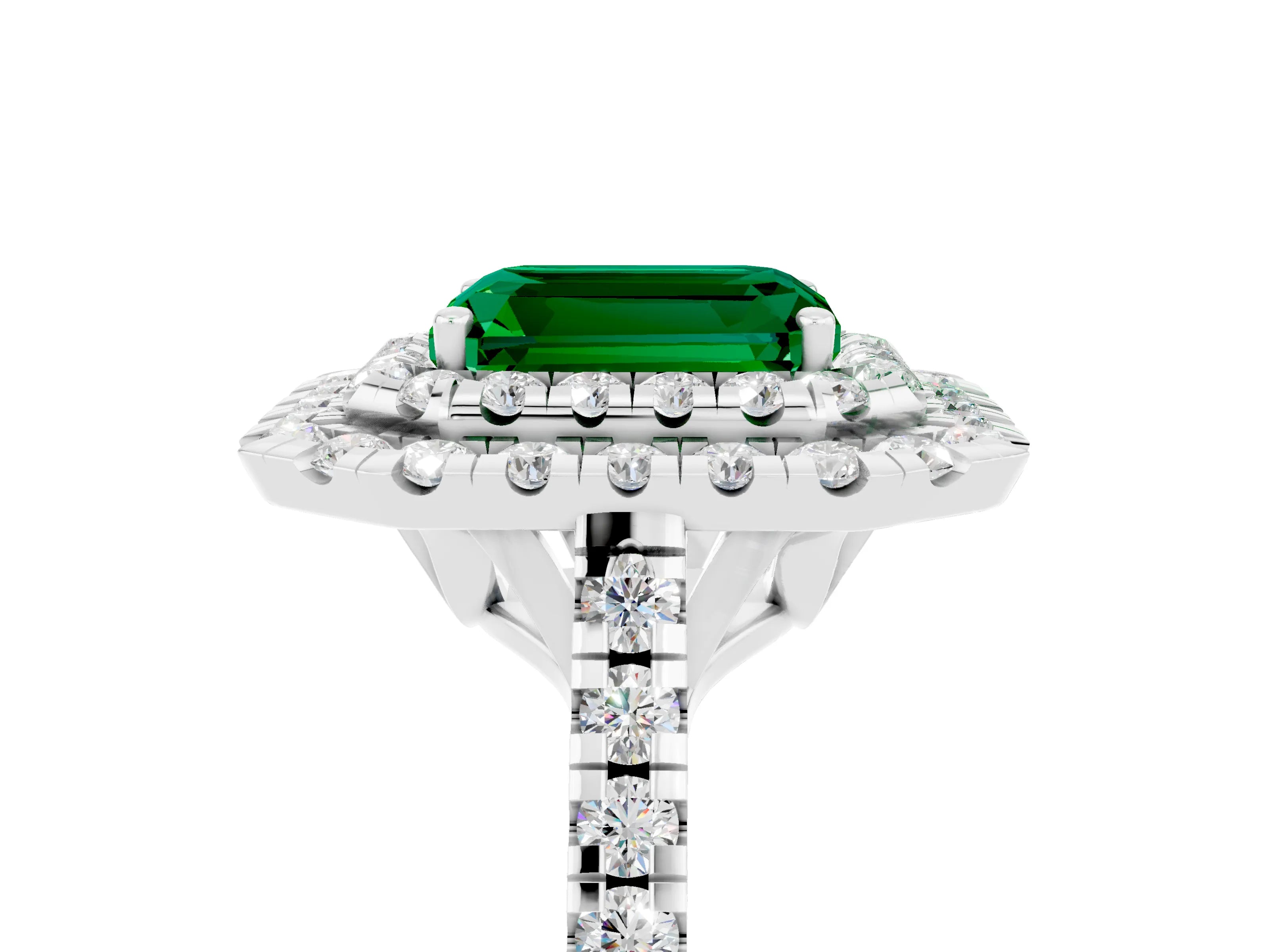 White gold Double Halo Emerald Cut Emerald Pavé Band with Four-Prong Setting_5