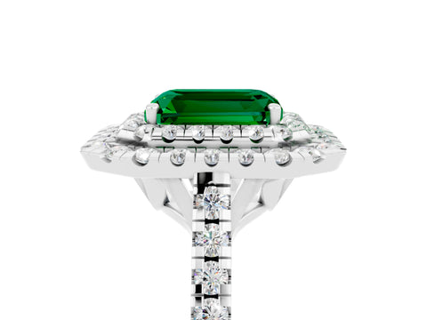 White gold Double Halo Emerald Cut Emerald Pavé Band with Four-Prong Setting_5