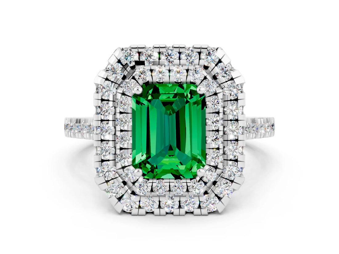 White gold Double Halo Emerald Cut Emerald Pavé Band with Four-Prong Setting