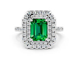 White gold Double Halo Emerald Cut Emerald Pavé Band with Four-Prong Setting