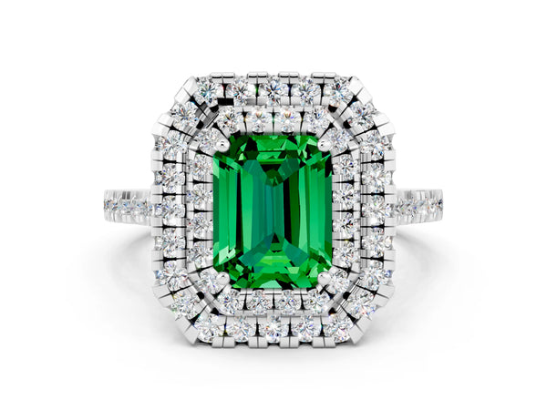 Silver Double Halo Emerald Cut Emerald Pavé Band with Four-Prong Setting