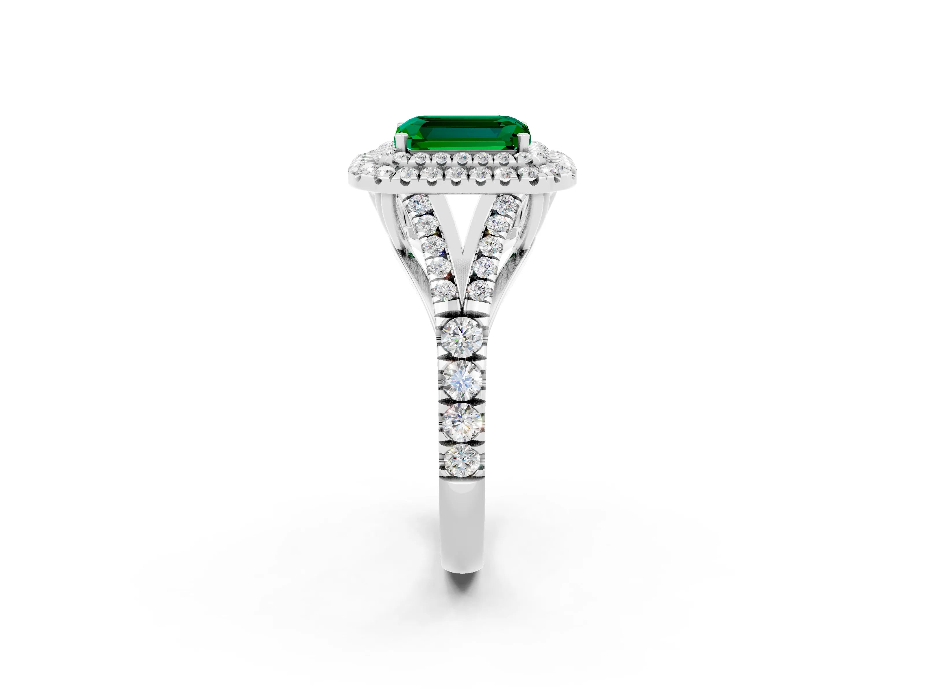 White gold Double Halo Emerald Cut Emerald Pavé Split Shank Ring with Prong Setting_2
