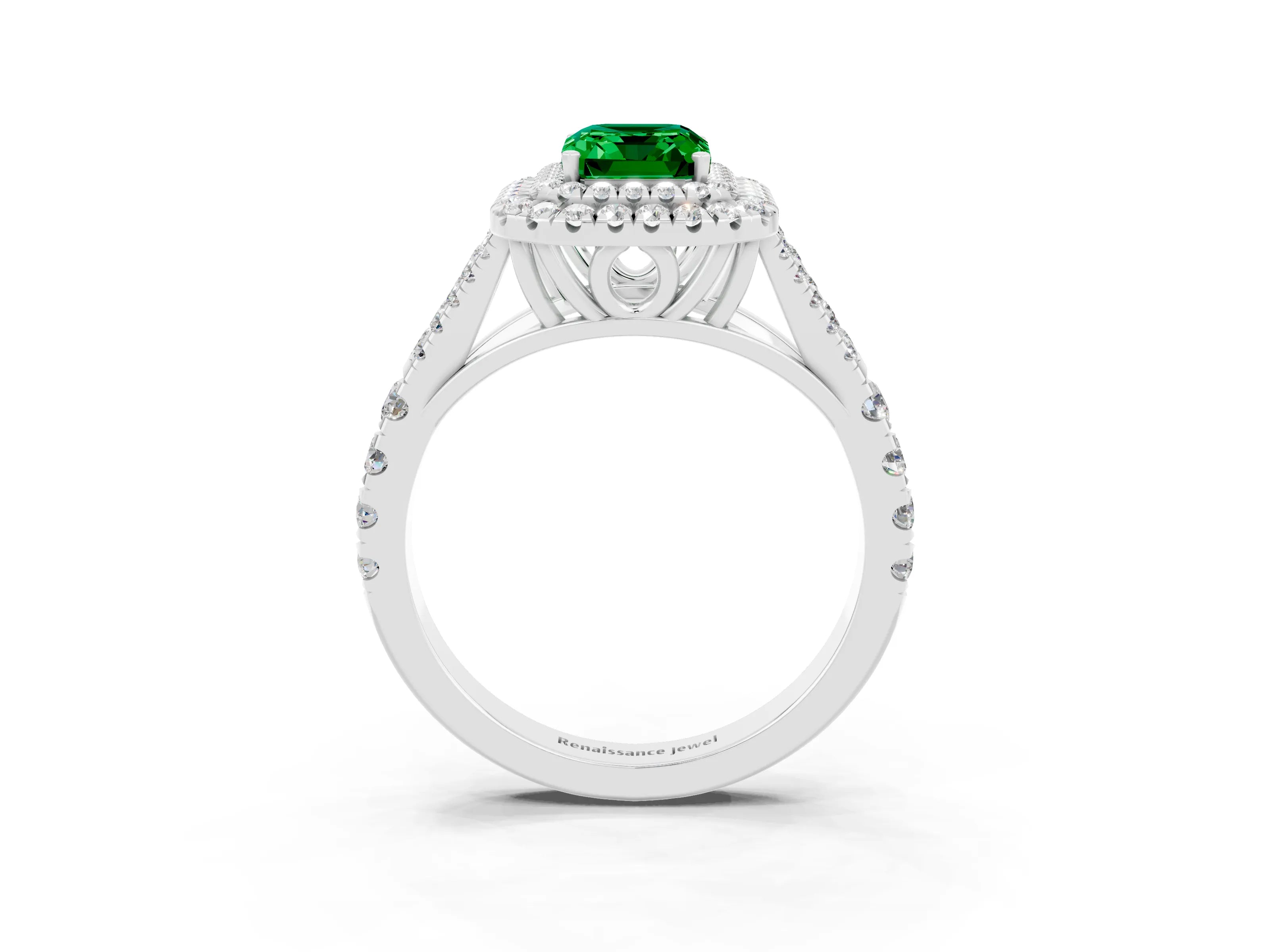 White gold Double Halo Emerald Cut Emerald Pavé Split Shank Ring with Prong Setting_3
