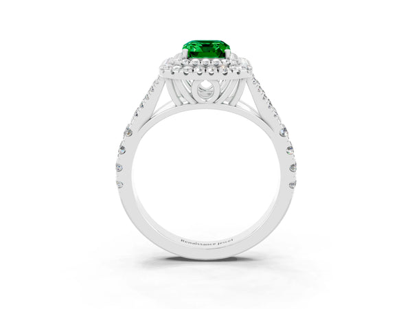 White gold Double Halo Emerald Cut Emerald Pavé Split Shank Ring with Prong Setting