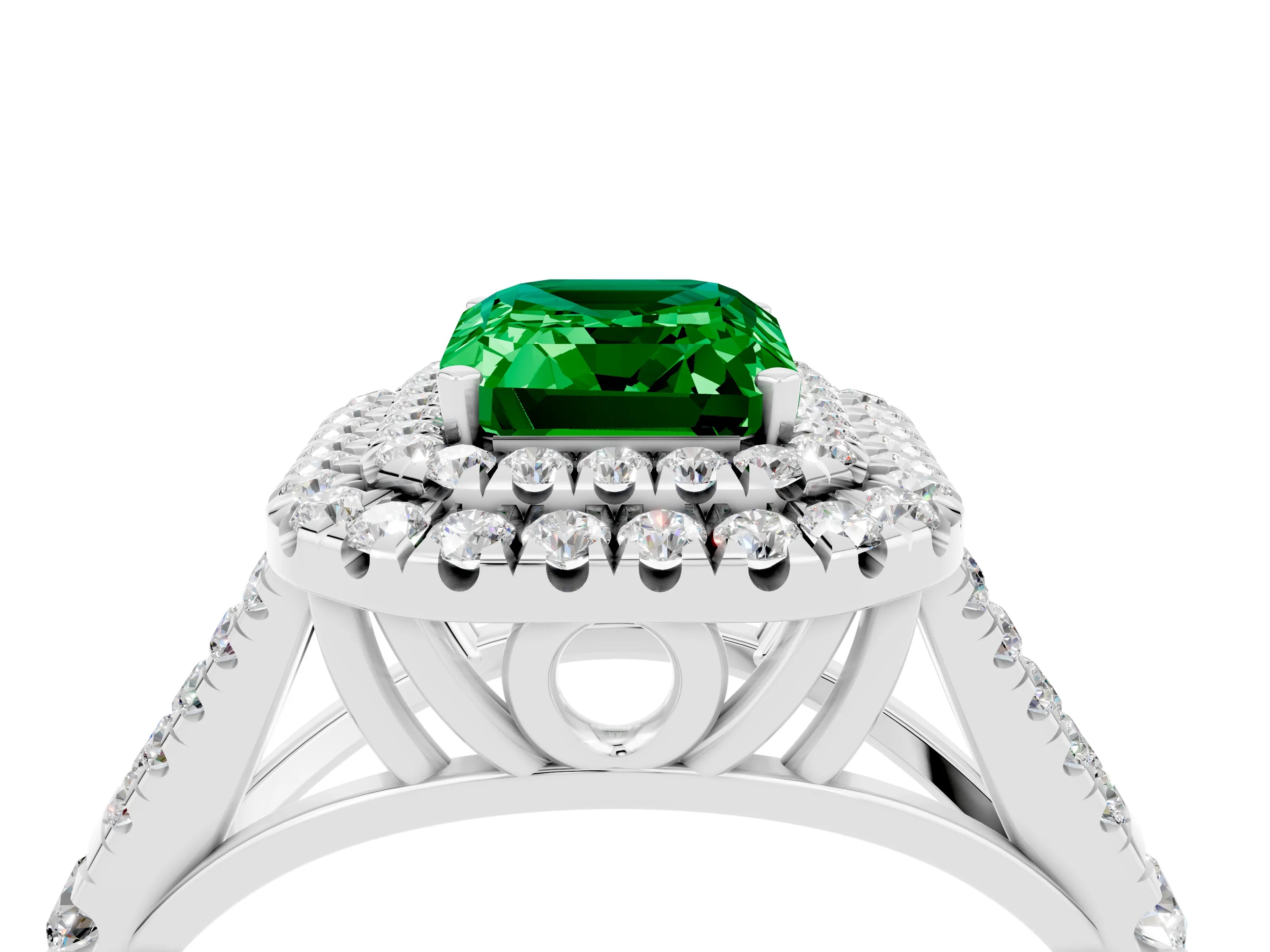 White gold Double Halo Emerald Cut Emerald Pavé Split Shank Ring with Prong Setting_4