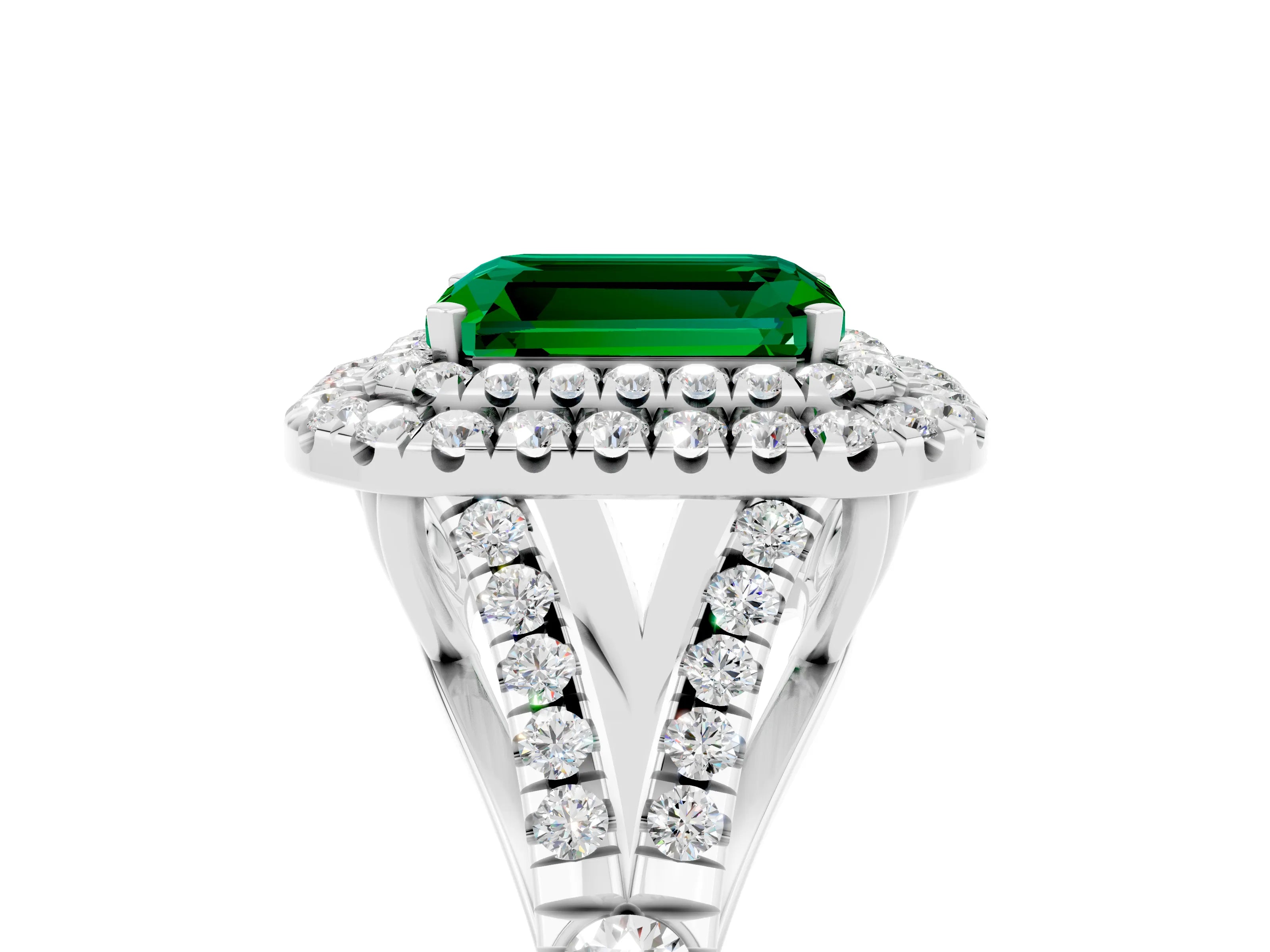 White gold Double Halo Emerald Cut Emerald Pavé Split Shank Ring with Prong Setting_5