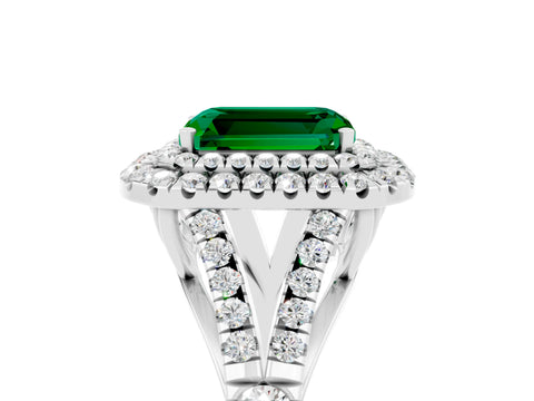 White gold Double Halo Emerald Cut Emerald Pavé Split Shank Ring with Prong Setting_5