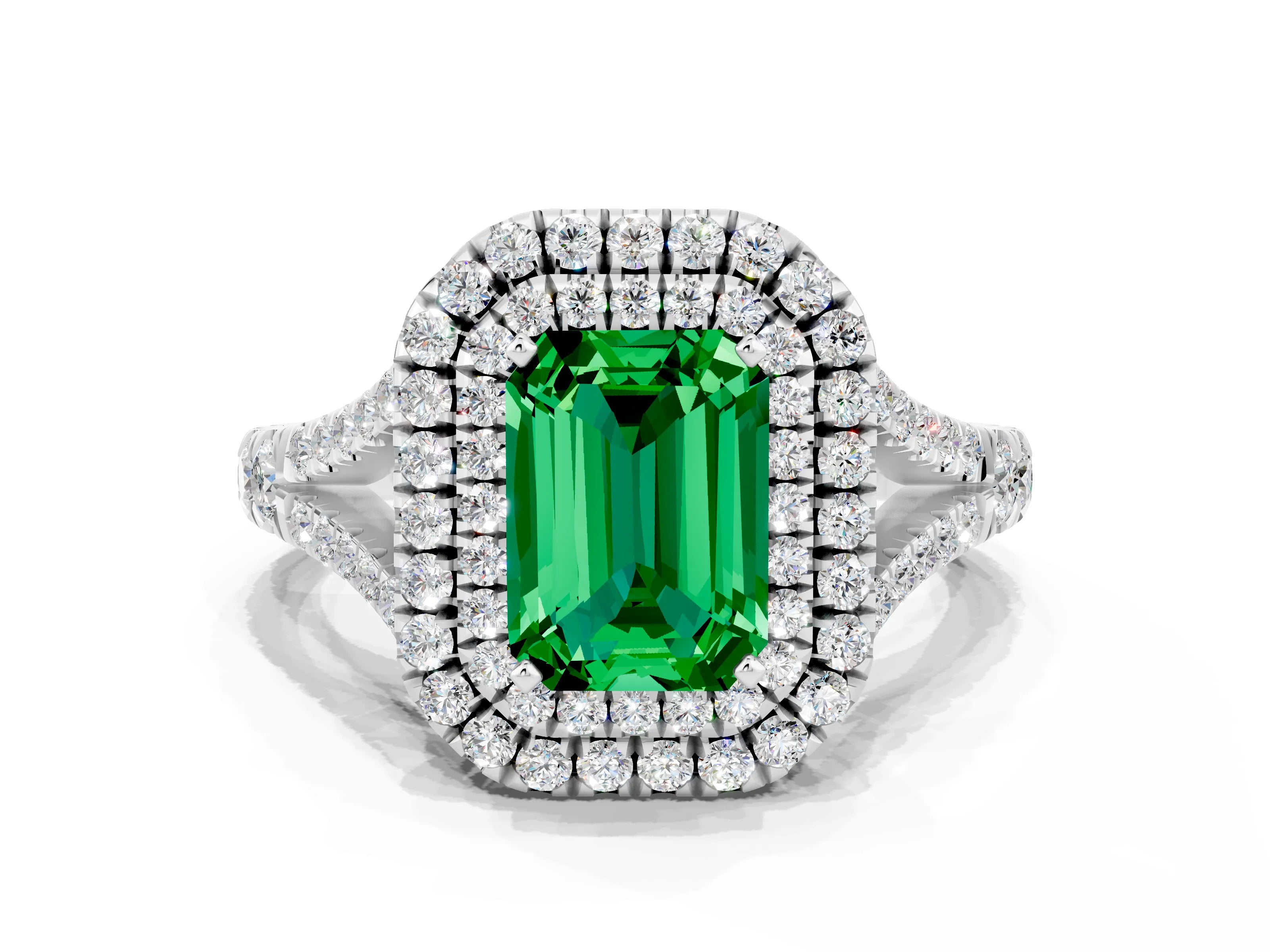White gold Double Halo Emerald Cut Emerald Pavé Split Shank Ring with Prong Setting