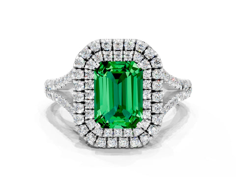 White gold Double Halo Emerald Cut Emerald Pavé Split Shank Ring with Prong Setting