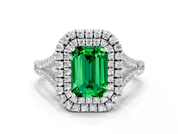 Platinum Double Halo Emerald Cut Emerald Split Shank Engagement Ring with Four-Prong Setting