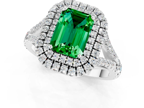 Silver Double Halo Emerald Cut Emerald Split Shank Engagement Ring with Four-Prong Setting