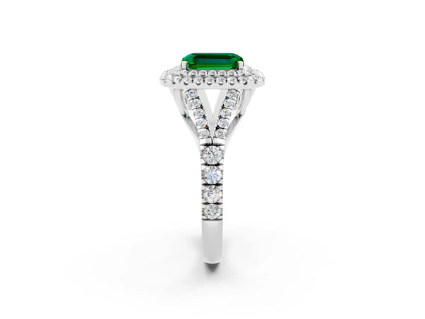 Platinum Double Halo Emerald Cut Emerald Split Shank Engagement Ring with Four-Prong Setting